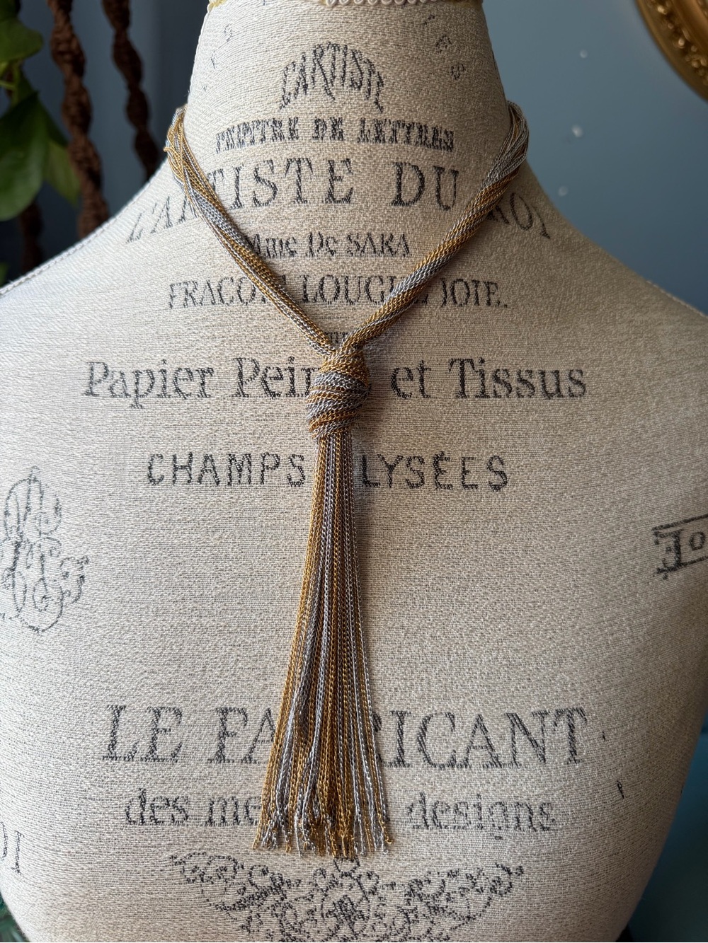 VTG knotted multi strand Gold and Silver Tassel Lariat Necklace. Sterling clasp